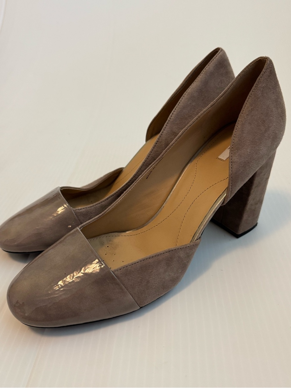 Geox Taupe Suede and Patent Block Heel Pumps